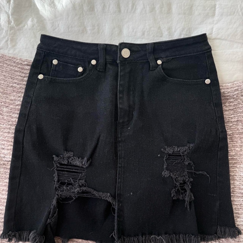 Black Distressed Denim Skirt